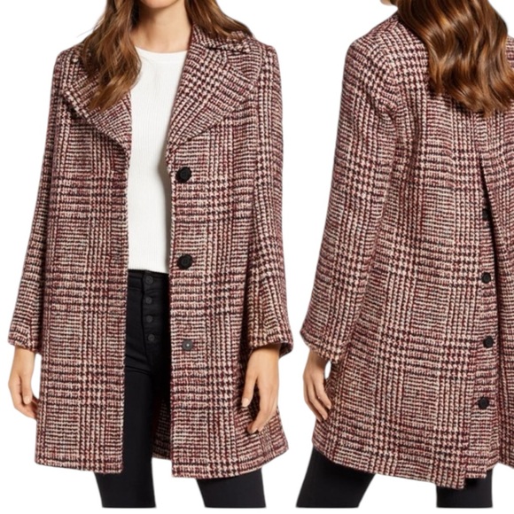 Sam Edelman Plaid Coat 10 Wool Blend Burgundy Notched Collar Button Luxury - Picture 1 of 12